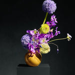 Allium, vanda orchid and green chrysanthemum in an ochre vessel