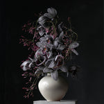 Grey cymbidium orchids and dark calla in a cream vessel